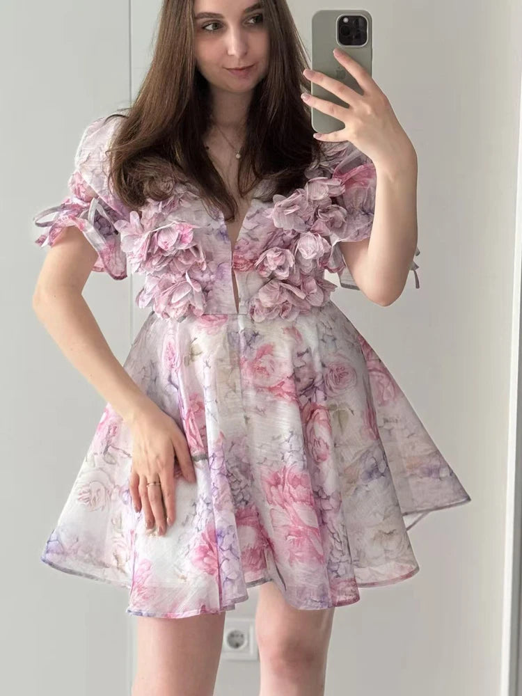 FSMG Sweet Pink 3D Flower Big Puff Sleeve V Neck Dress Fashion French Style High Waist A-line Mini Sexy Short Skirt Evening Robe