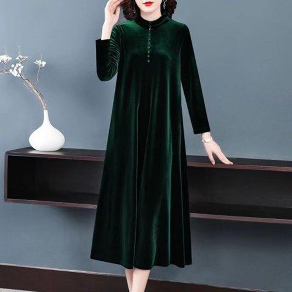 Women Fall Dress Solid Color Loose Long Sleeves Button Maxi Dress Keep Warm Velvet Mom Spring Dress Women Clothes