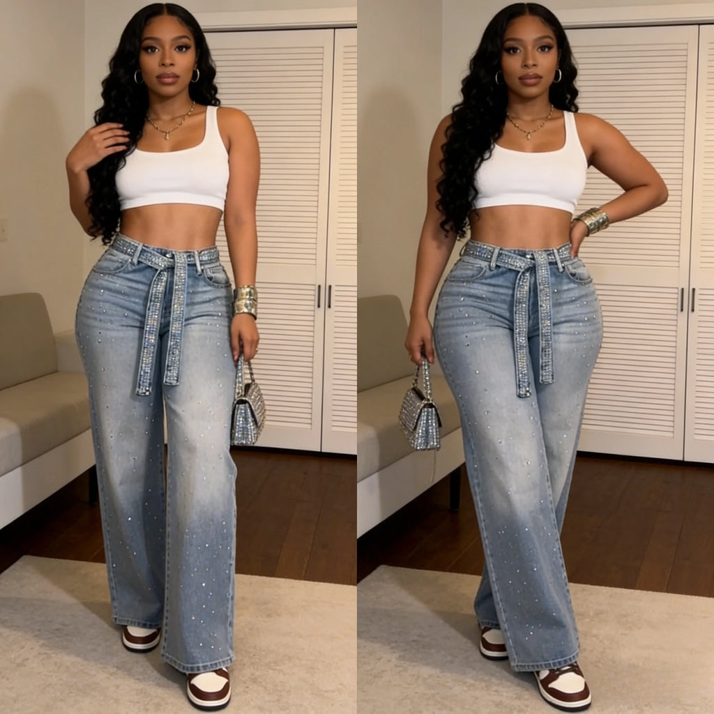 Women Jeans Denim Pant Vintage Wide Leg Long Pants High Waist Straight Trousers Y2k Streetwear Elegant Work Hot Drilling 2026