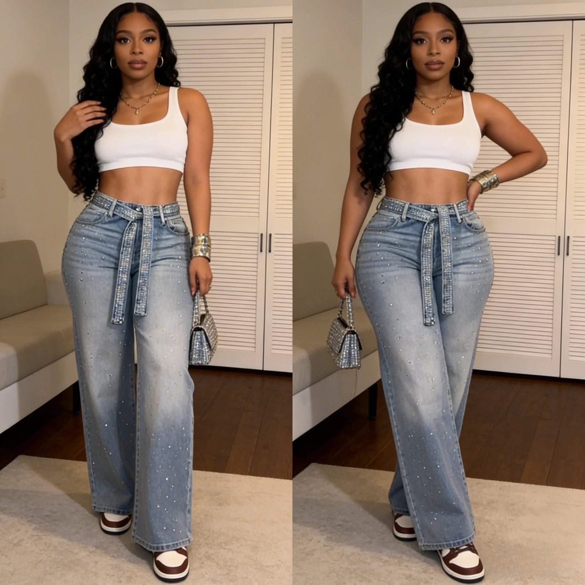 Women Jeans Denim Pant Vintage Wide Leg Long Pants High Waist Straight Trousers Y2k Streetwear Elegant Work Hot Drilling 2026