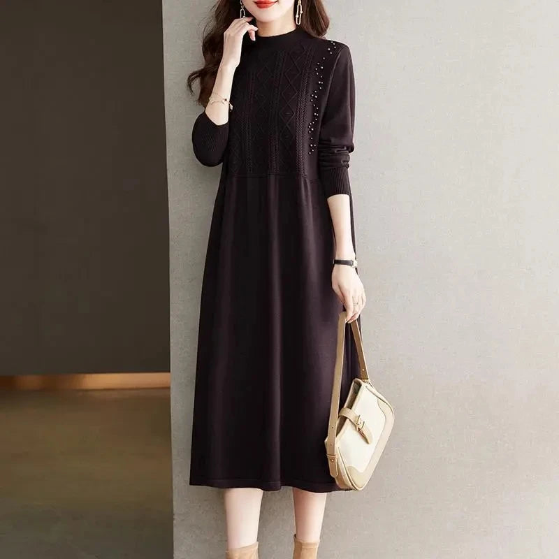 New Knitting Vestidos Women's 2024 Spring Autumn Mid Length Version Ladies Sweater Dress Temperament Lady Bottoming Skirt