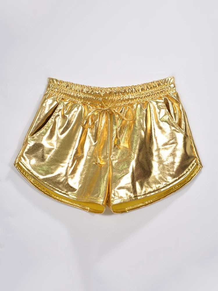 Women Shiny Metallic Hot Shorts Summer Holographic Wet Look Casual Elastic Drawstring Festival Rave Booty Shorts