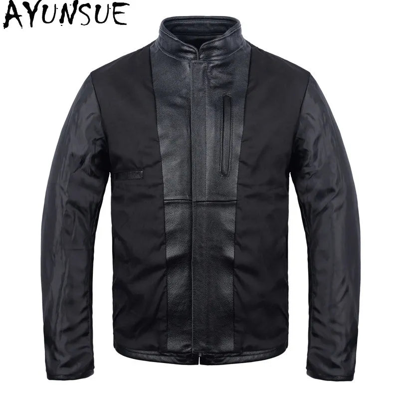 AYUNSUE Pure Cowhide Men Leather Jacket Fashion Stand Collar Short 100% Genuine Cow Leather Real Jacket Slim-fit Motorcycle Wear