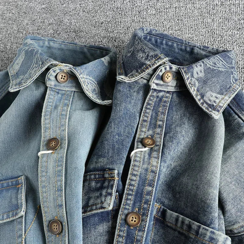 Heavy collar cashew flower embroidery design sense of British vintage denim shirt men's autumn trend coat with long sleeves