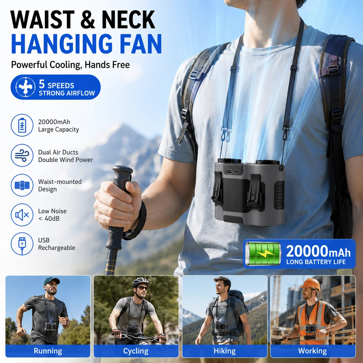 Portable Waist Clip Fan Mini USB Charging Hanging Fan with LED Flashlight Outdoor Single/dual Air Outlet Fan 20000/10000Mah F6/7