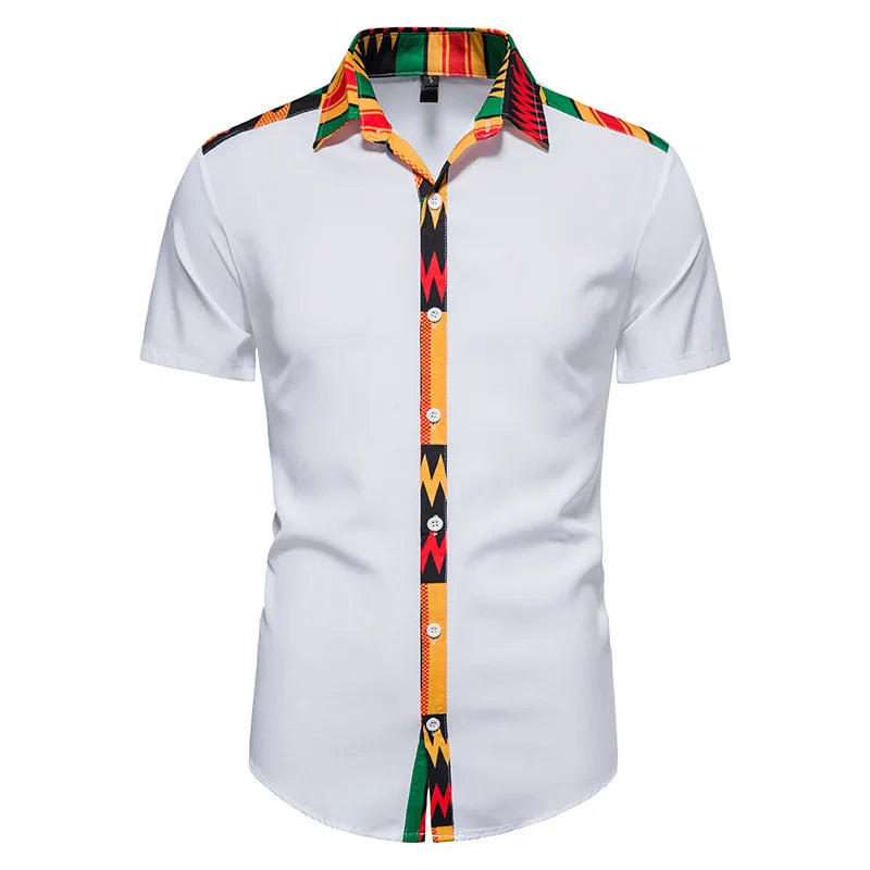 African Ankara Kente Print Shirt Short Sleeves Summer Men's Fashion Patchwork Button Up Traditional Dashiki Casual Tops