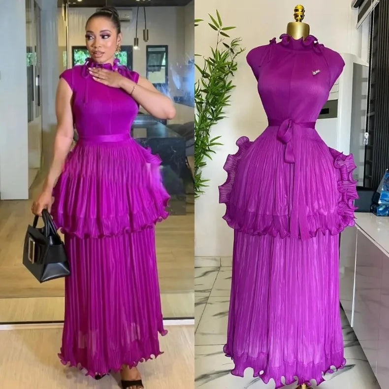 EGRM 2025 Summer New Pleated Dress Women's Solid Sleeveless Ruffles Lace Bottom Skirt with Belt Fashion Female Dresses 9R5618