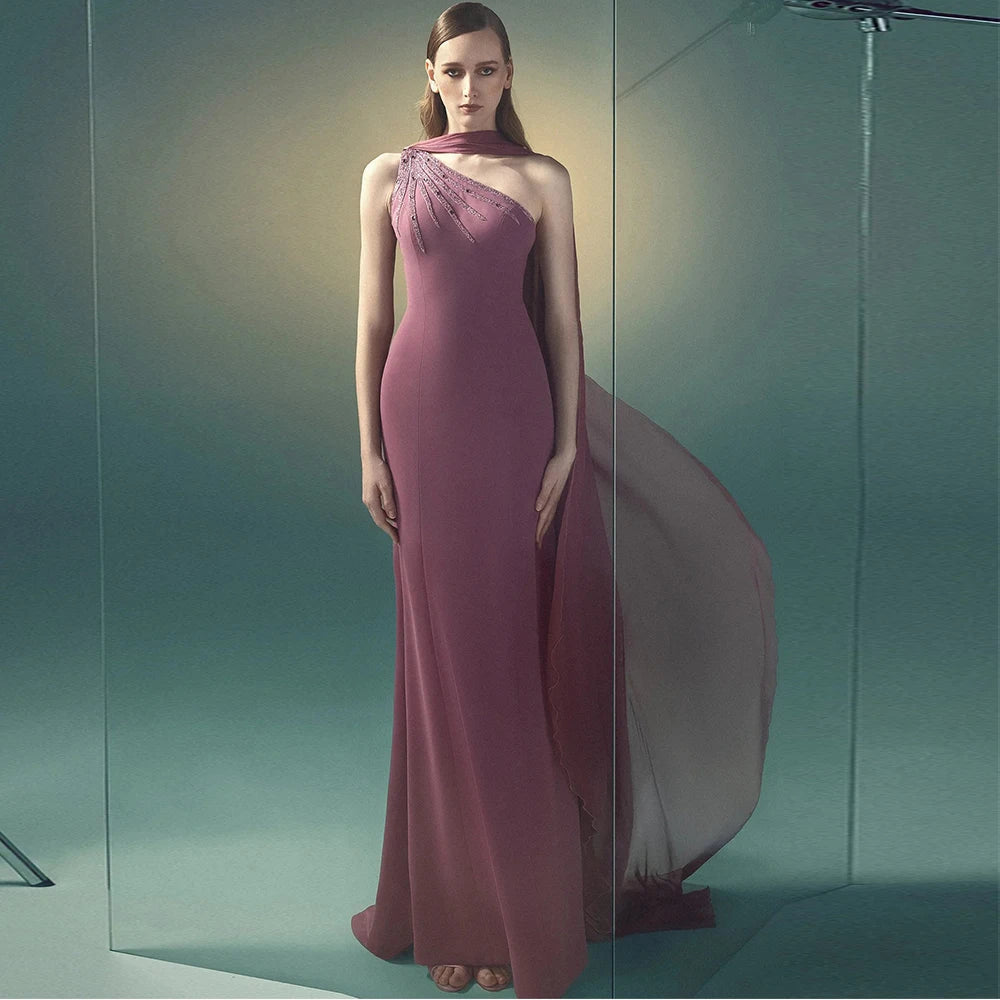 Modern One Shoulder Straight Evening Dress Customized Beading Jersey Saudi Arabian Shawl Sleeveless Prom Gown Party Dresses