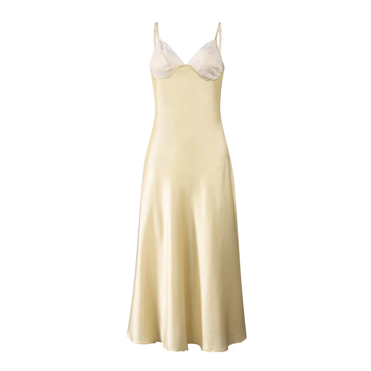 Butter Yellow Satin Bias Cut Lace Patchwork Midi Dress Women's V Neck Backless Suspenders Dresses 2026 New Dinner Party Vestidos