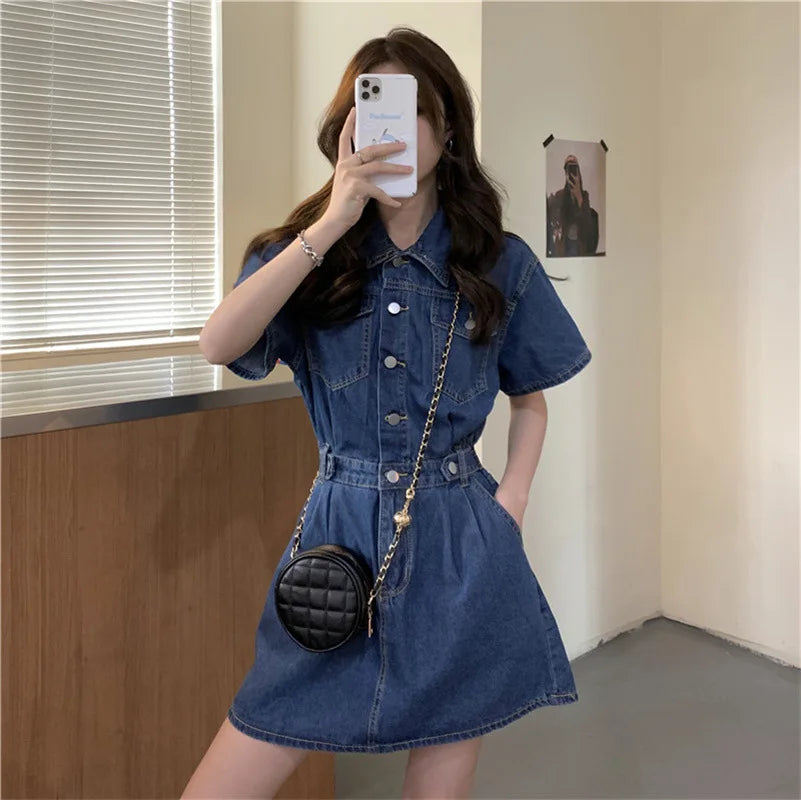 Women Vintage Denim Shirt Dress High Waist A-line Jean Mini Dress for Ladies Retro Y2K Streetwear Dresses for Women Party Outfit