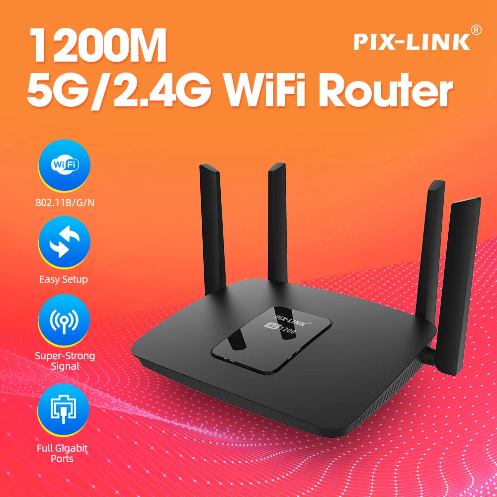 PIXLINK Wireless Router 1200Mbps Dual Band WiFi Repeater Signal Amplifier with 4 Gigabit Ports Smart Tech 5GSIM Penetration AC22