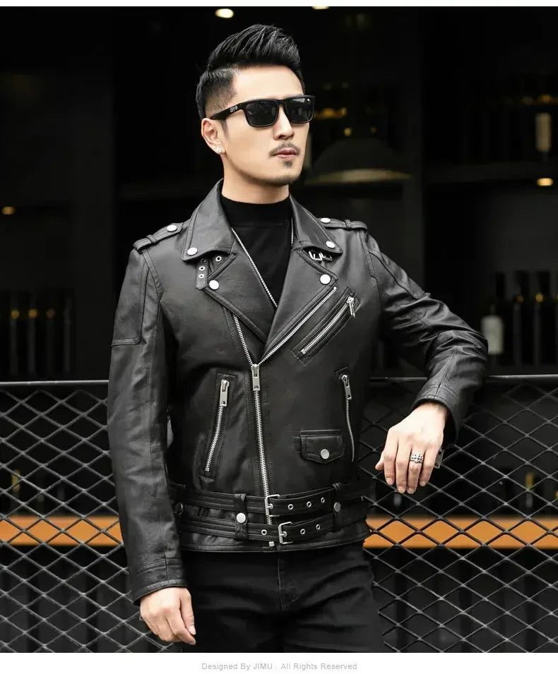 Cool Black Leather Biker Jacket Men Zipper Long Sleeve Belt Plus Size European Fashion brand leather jackets Spring Autumn Short