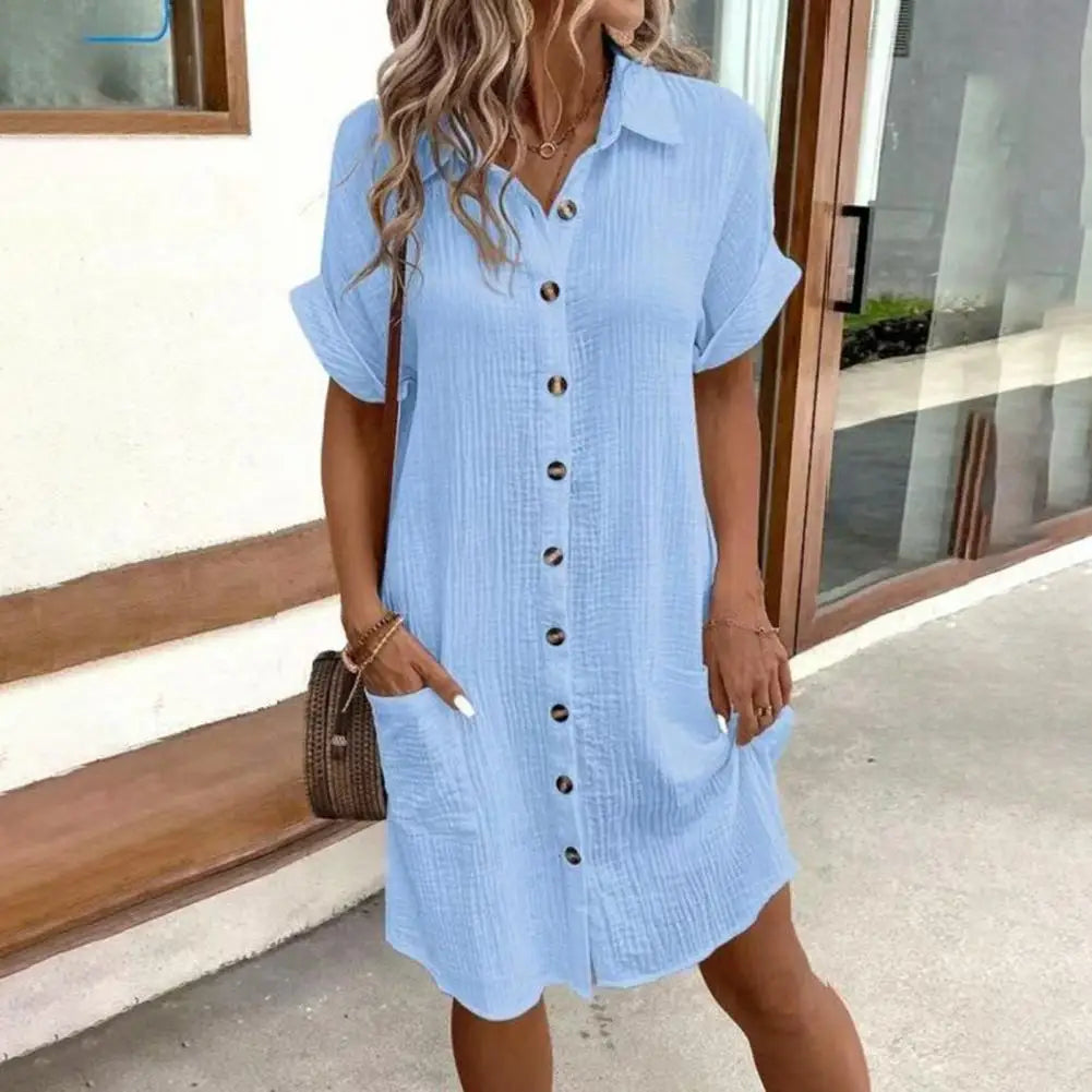 2026 Women's Cotton Linen Dress Casual Button Down V-neck Dress Summer Short Sleeve Beach Sundress Elegant Women Maxi Dress