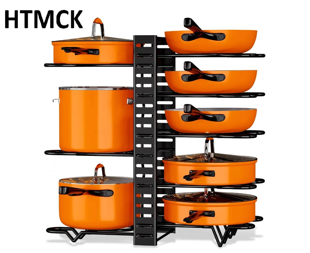 HTMCK Space-Saving 8-Tier Pot Rack Organizer - Durable Metal Holder for Pans, Pots, and Lids to Keep Your Kitchen Neat and Tidy