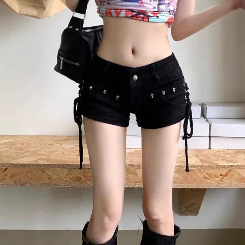 Black Gothic Punk Denim Shorts For Women Creativity Lace-up Popular Y2k Cowboy Short Pants Lady Sexy Skinny Elastic Jean Shorts