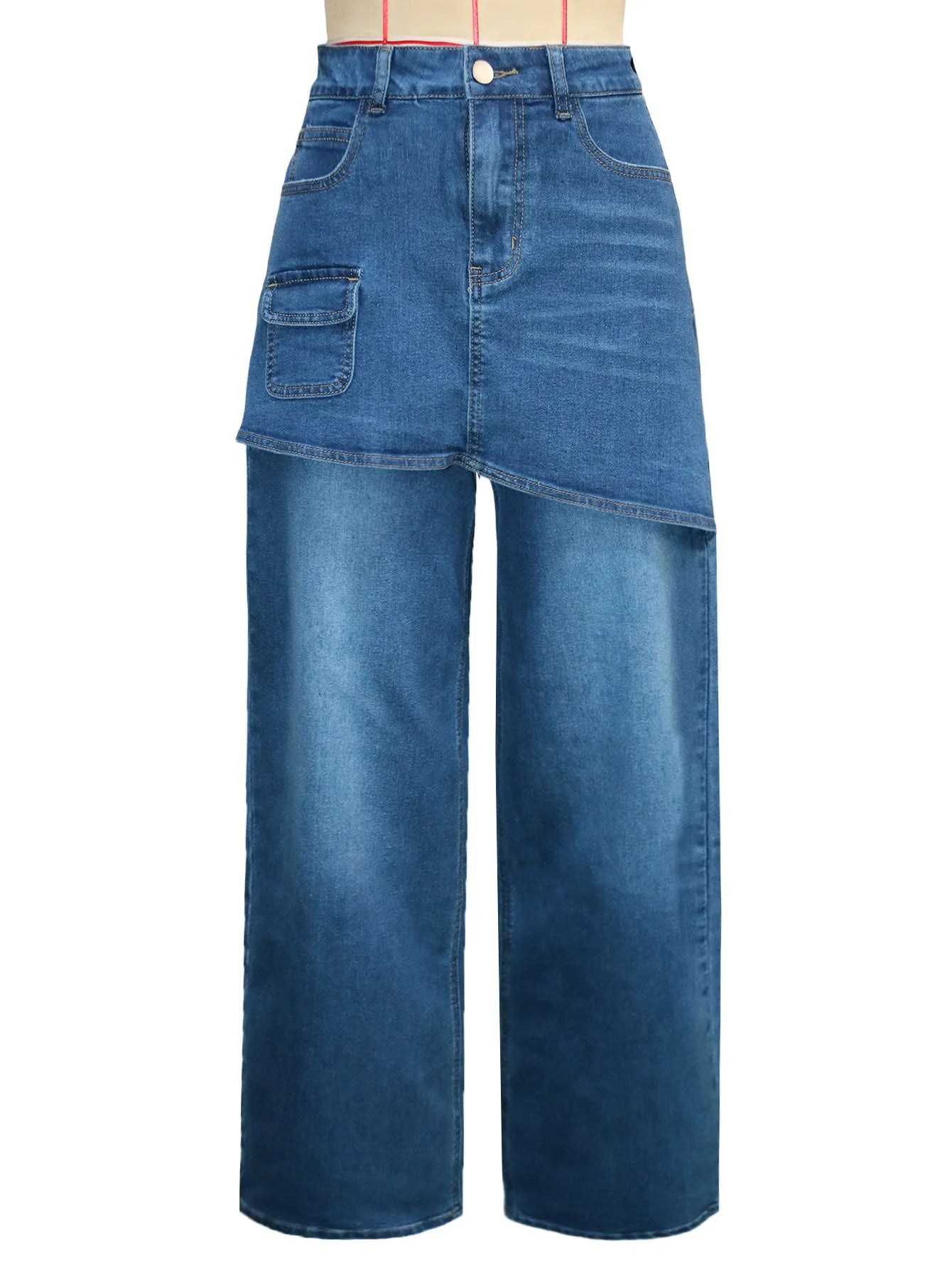 Fashion High Waist Denim Wide Leg Jeans for Women Detachable Skirt Layered Cargo Pocket Streetwear Baggy Jeans Denim Trousers