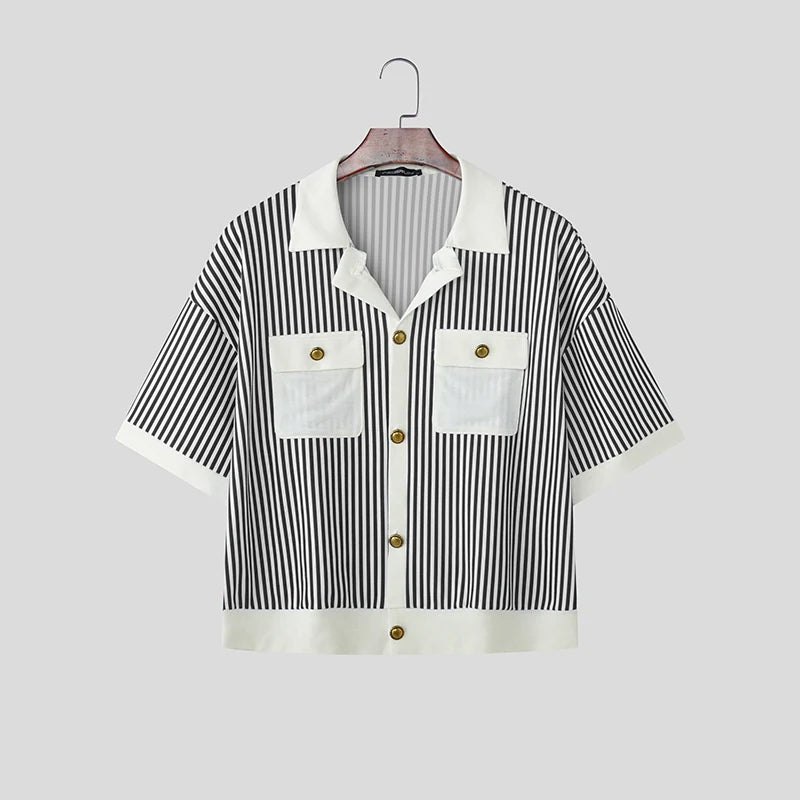 INCERUN Men Shirt Striped Patchwork Lapel Short Sleeve Casual Men Clothing Summer Color-block Fashion Leisure Tops Male Shirts