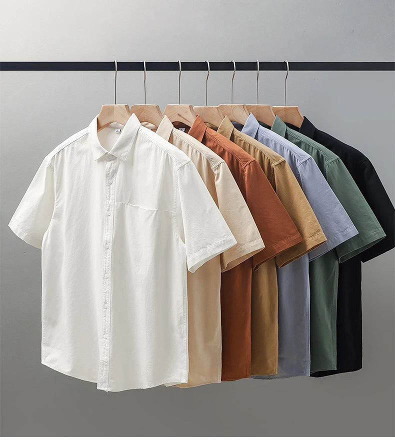 Dukeen Heavyweight Short-Sleeved Shirt Men's Summer Solid Color Lapel Pocket Casual Shirt Cotton White Shirts