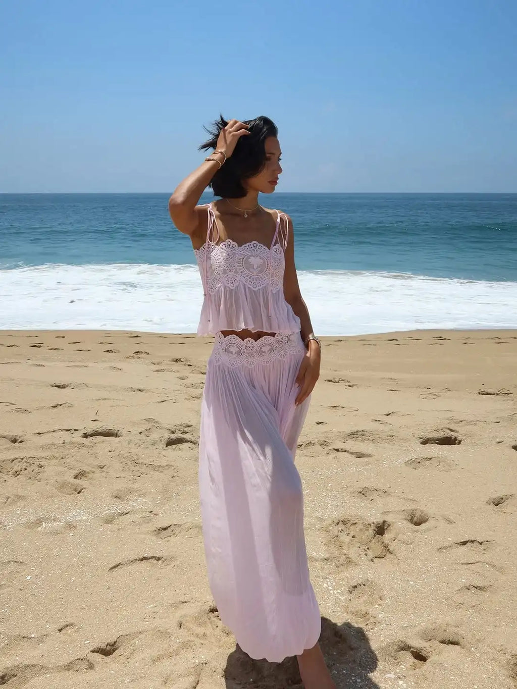 Women Pink Lace Double Strap Crop Top Two Piece Set Boho Sleeveless Flowy Matching Outfit 2026 Seaside Vacation Casual Outfits