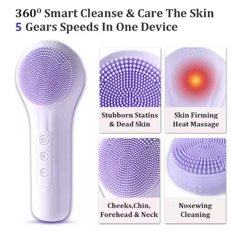 Sonic Silicone Facial Cleansing Brush Electric Face Scrubber Waterproof Deep Clean Exfoliating Vibration Face Wash Tool 5 Speeds