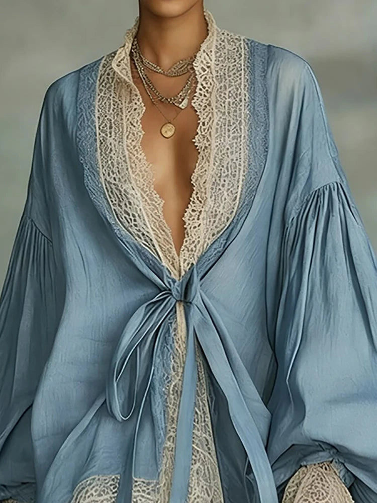 Women's Vintage Blue Bohemian Lace Trim Mini Dress with Puff Sleeves V-Neck Tie Waist And Asymmetrical Hem Tunic Dress