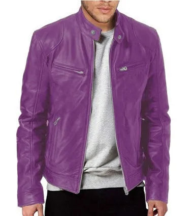 Winter Stand Collar Zip-Up Pocket PU Leather Jacket Men's Slim Business Casual