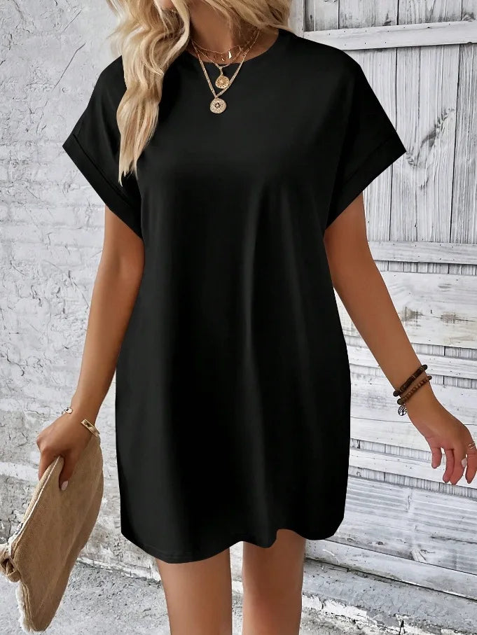 New women's spring and summer fashionable temperament casual commuting solid color round neck loose short sleeved pocket dress