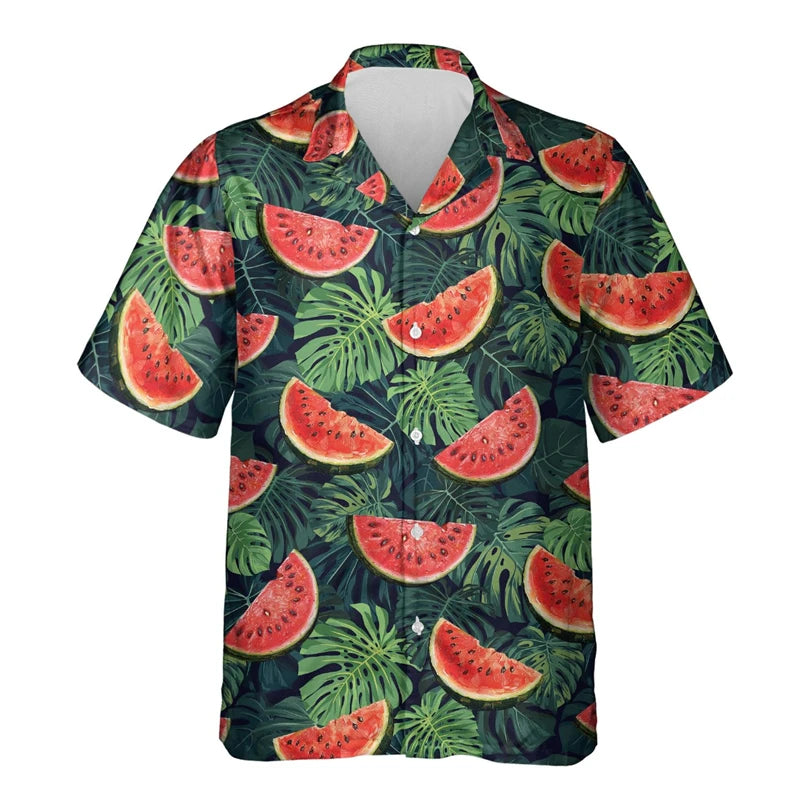 Tropical Fruit Watermelon Graphic Hawaii Shirt Summer Street Short Sleeves 3D Printed Fruits Button Shirts Men Lapel Blouse Tops