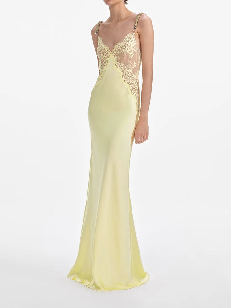 Lace Patchwork Satin Maxi Dress For Women Butter Yellow V Neck Sleeveless Vestidos Adjustable Rhinestone Straps Evening Dresses
