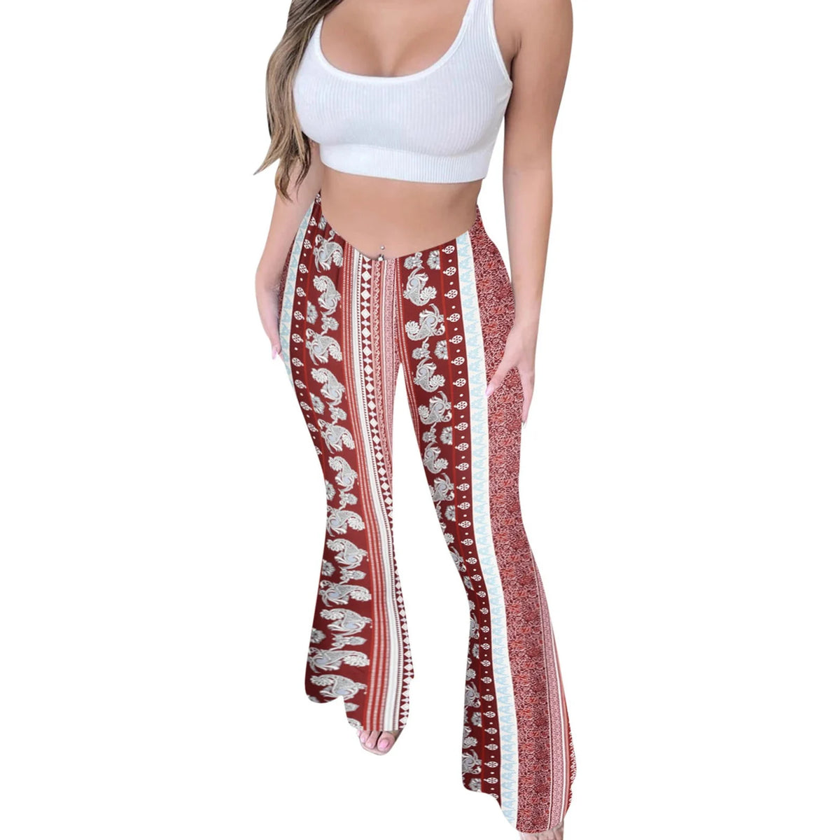 Bohemian Flare Pants for Women High Waisted Stretchy Bell Bottoms Y2K Hippie Style Trousers for Beach Vacation Leggings 2026