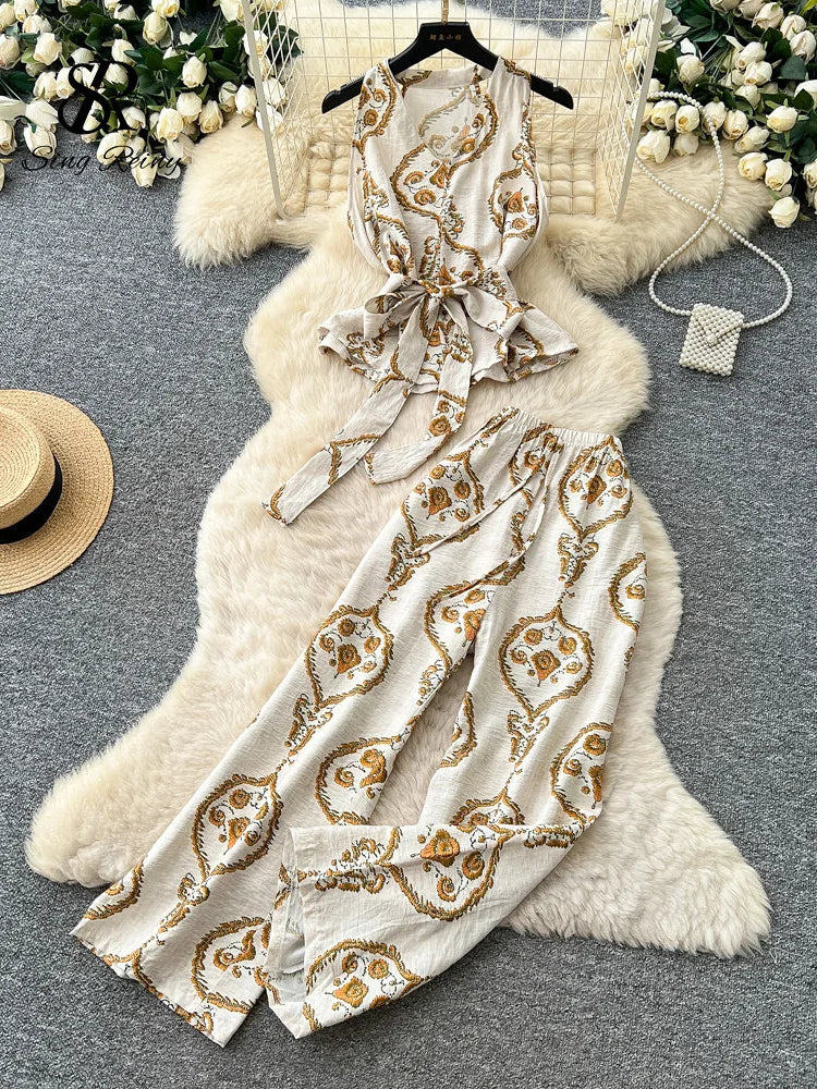 SINGREINY Boho Print Vacation Suits Summer 2026 Sleeveless Lace Up Tank Top+Loose Wide Leg Pant Chic Lazy Casual Women 2pcs Sets