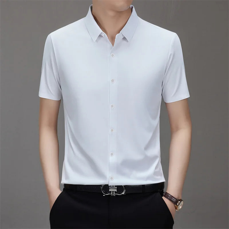 New Men's Business Casual Solid Color Short Sleeved Shirt for Summer Fashion No Ironing Comfortable and Versatile Top