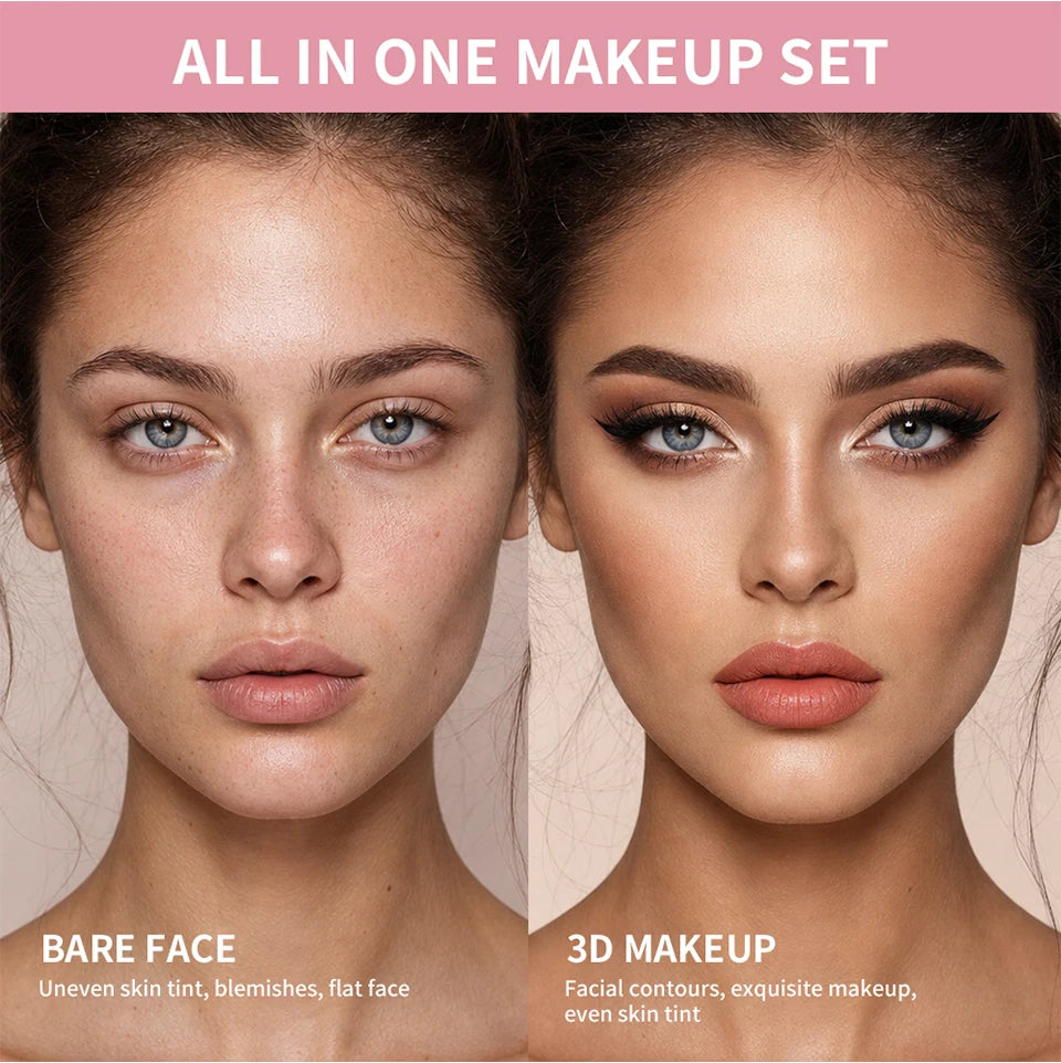 All In One Makeup Set Gathering All Cosmetic Including Base Makeup, Concealer, Contour ,Powder Blusher, Eyebrow Eye, Lip Makeup