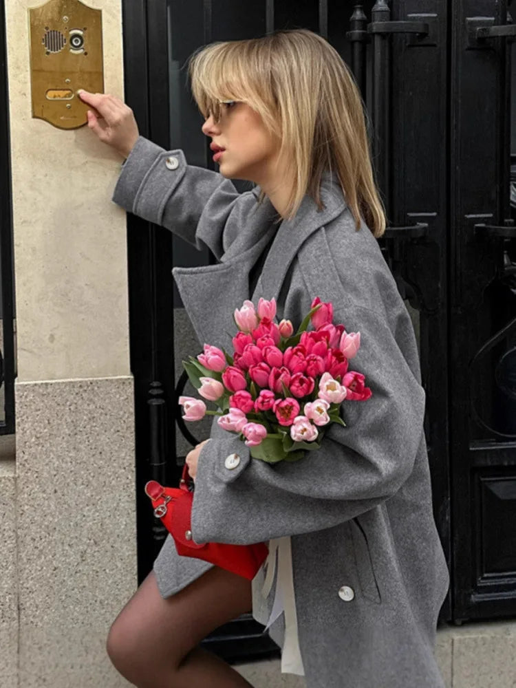 BZVW Women Woolen Overcoat Lapel Double‑Breasted Mid‑Length Loose Coat French Elegant Office Outerwear Autumn 2026 New