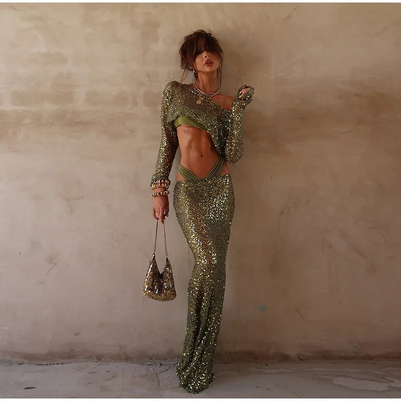 Sexy Sequined Bikini Pants Set Women Sleeveless Backless Halter Cropped Top Wide Leg Pant 2026 Summer Beach Holiday Party Suit