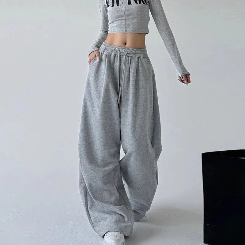 Women's Drawstring Wide Leg Sweatpants Elastic Loose Straight Leg Casual Jogger Trousers with Pockets for Daily Streetwear Pants