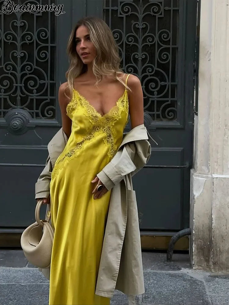 Chic Solid Lace Patchwork Satin Dress Fashion Sleeveless Off-shoulder Sling Maxi Dresses Party Daily Outdoor Casual Attire 2026