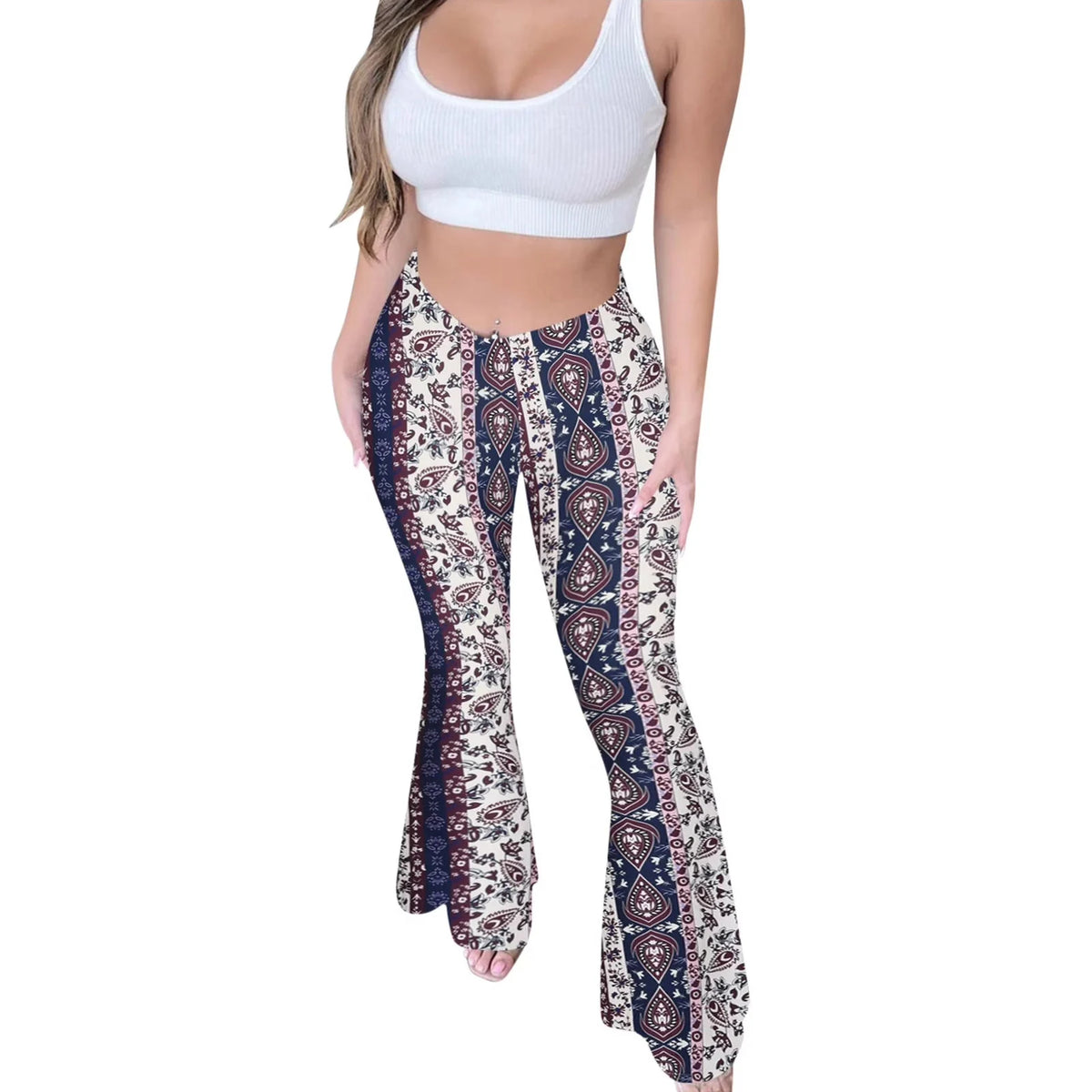 Bohemian Flare Pants for Women High Waisted Stretchy Bell Bottoms Y2K Hippie Style Trousers for Beach Vacation Leggings 2026