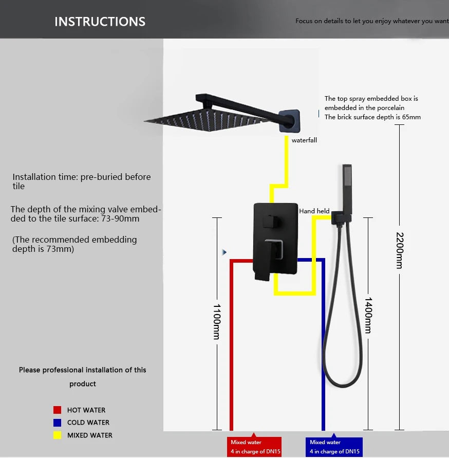 KEMAID Matte Black Rainfall Shower Faucet Systerm W/ Embedded Box Valve Wall Mounted Shower Faucets 2 Way Function Mixer Gold