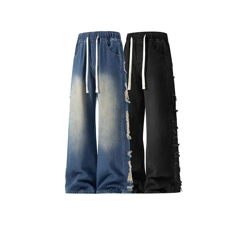 M-XXXL Men's Vintage Washed Jeans American Style Distressed Casual Denim Pants Autumn with Side Rips Drawstring Elastic Waist