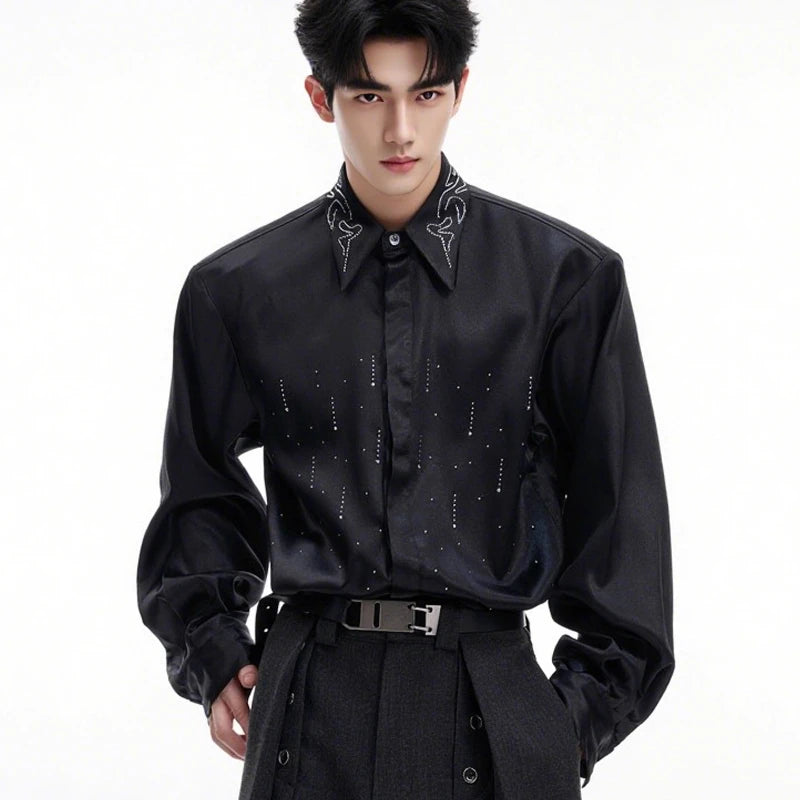 Men's Satin Rhinestone Shiny Long Sleeve Shirts 2025 Spring Autumn New High-end Loose Comfort Shirts Trendy Diamond Chic Jackets