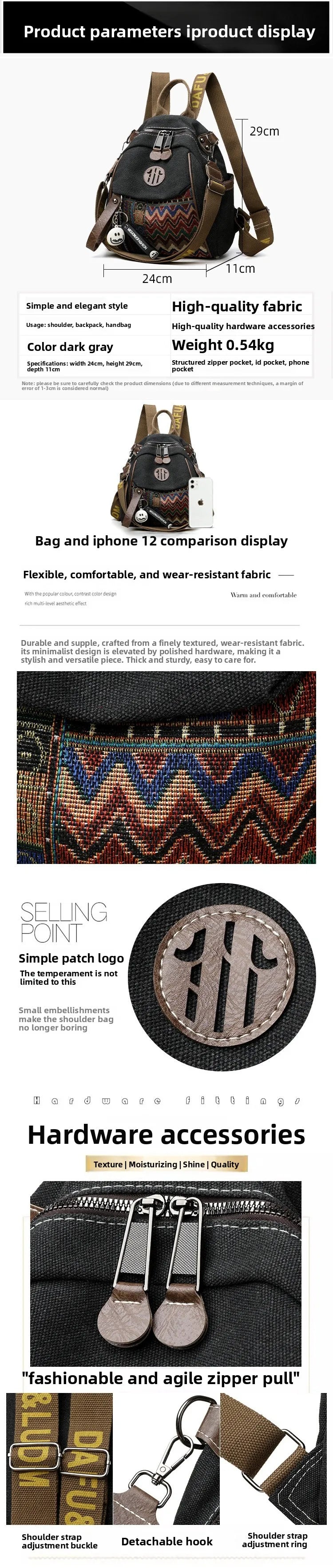 Denim ethnic style embroidered women's double shoulder bag, color-matched large capacity backpack, multi-purpose crossbody bag