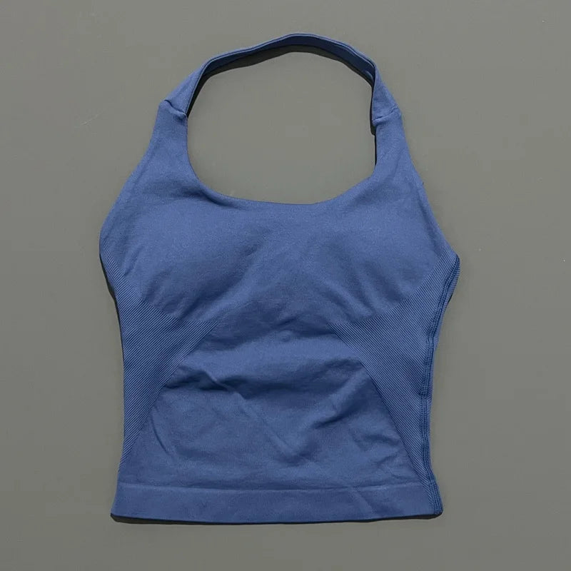HISTELLO Sports Halter Top Seamless Longline Strappy Gym Tank Top Women Yoga Clothing Workout Fitness Sportswear Pilates Vest