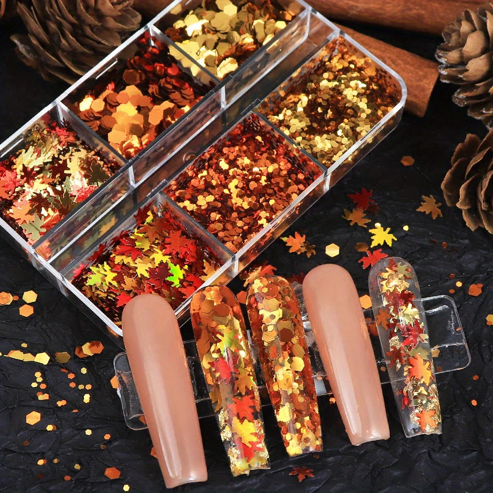6 Grids Autumn Nail Glitter Flakes Golden Red Orange Leaf Sequins for Nail Art DIY Decorations Fall Acrylic Tips Decals Supplies