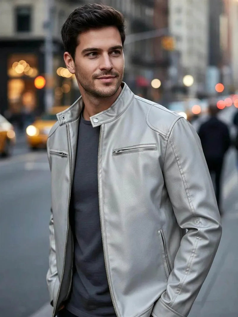 Men's PU leather jacket stand-up collar slim-fit vintage-style biker jacket spring/fall top