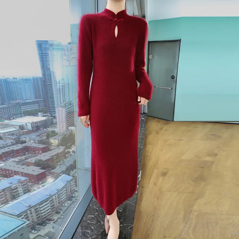 Women' 100%Pure Mink Cashmere Dress Stand-Up Collar Buckle Slim Knit Long Skirt Fashion High Waist Over The Knee Bottoming Dress