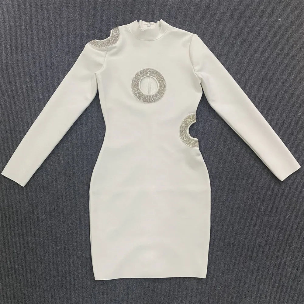 Women Sexy Hollow Out Beading Bandages Dress Long Sleeve Bodycon Clothes Club Party Celebrity Mini Dresses
