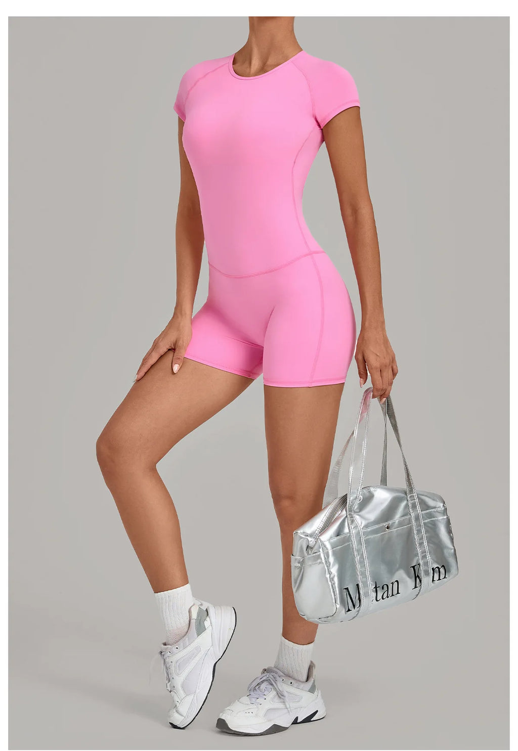 Women Short Sleeve Open Back Yoga Bodysuit Squat Proof Short Jumpsuit Gym Pilates Running Workout Fitness Sport Activewear