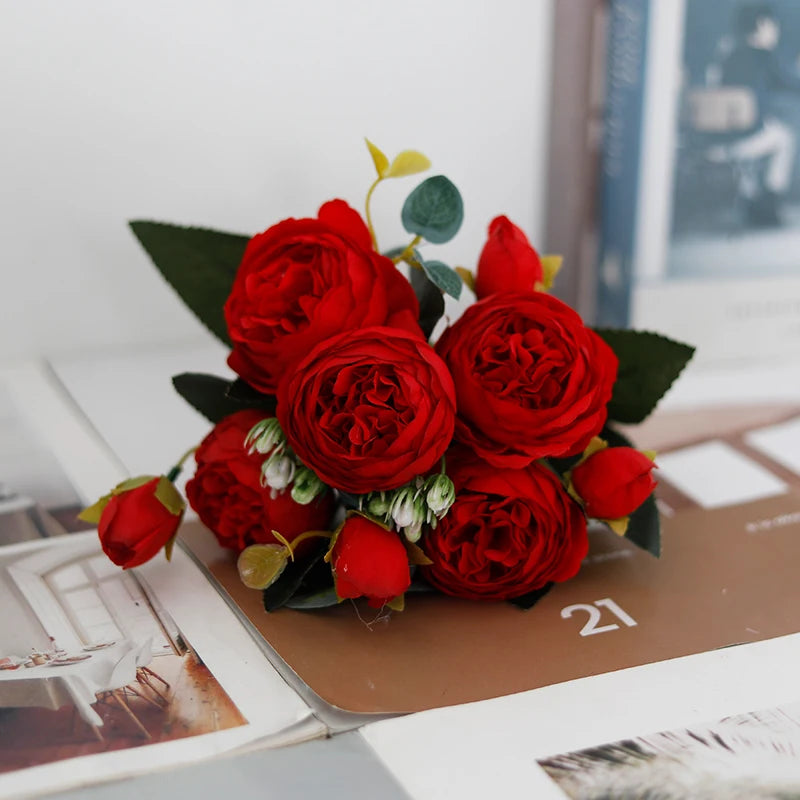 Peony Artificial Flower Exquisite Wedding Bridal Party Bouquets Home Vase Accessories Fake Christmas Table Garden Backdrop Decor