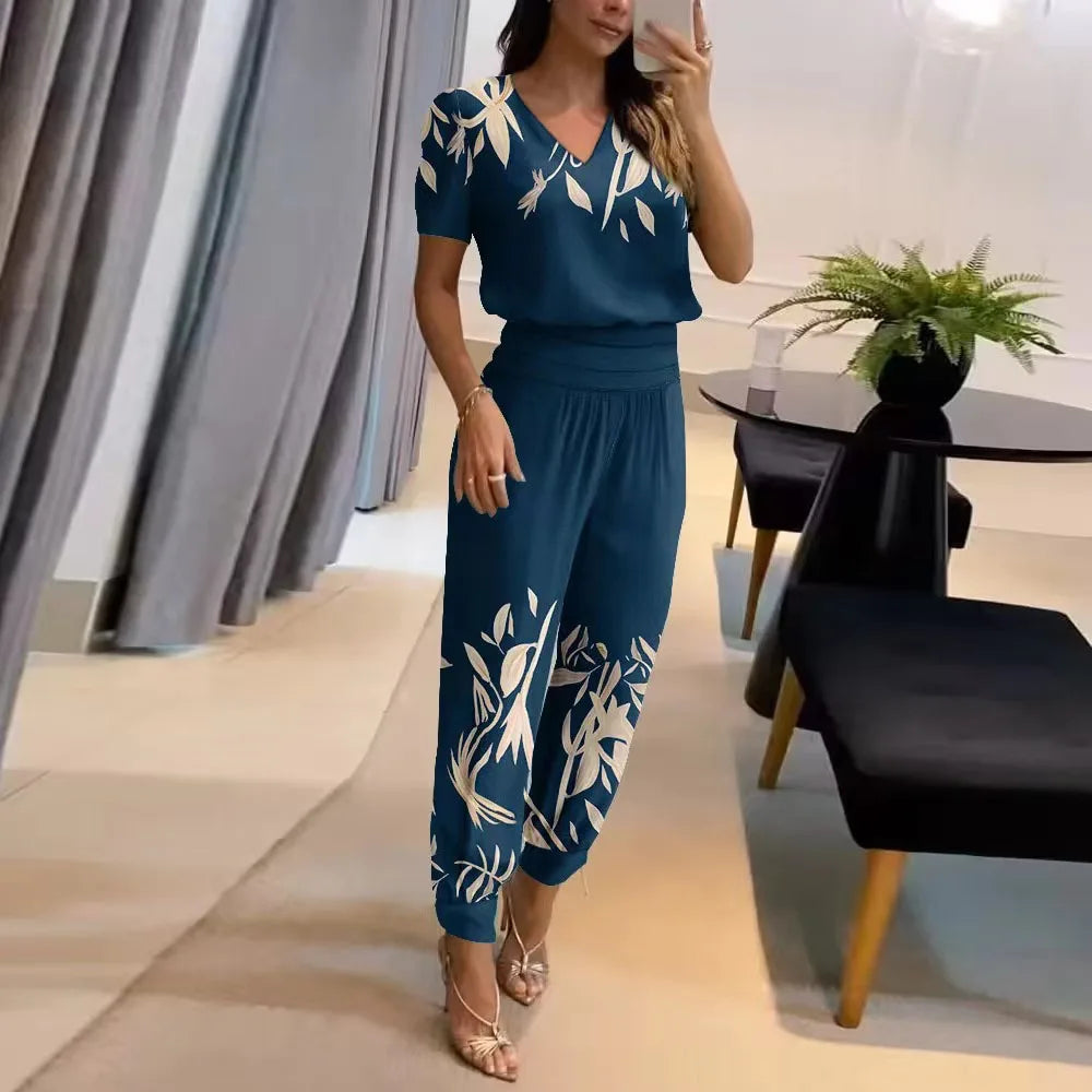 2025 New Long Pant Sets Summer Fashion Casual V-neck Print Short Sleeve Trousers Suit Two-piece Set 2 Piece Sets Women Outfit